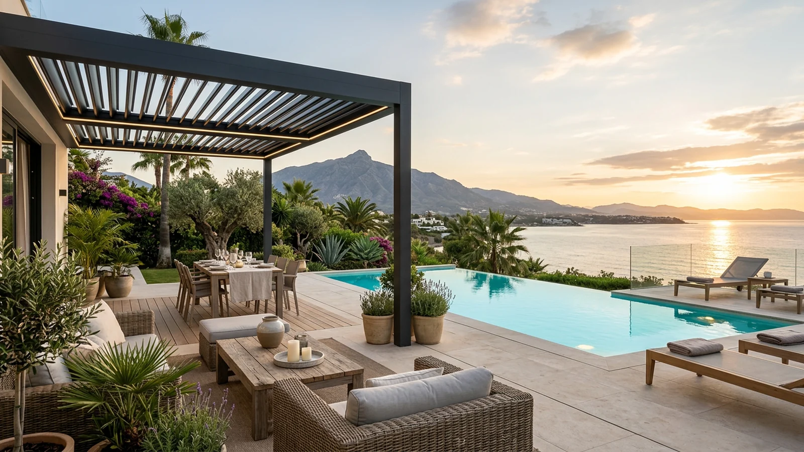 Luxury villa terrace with a bioclimatic pergola and infinity pool overlooking the Mediterranean at sunset on the Costa del Sol
