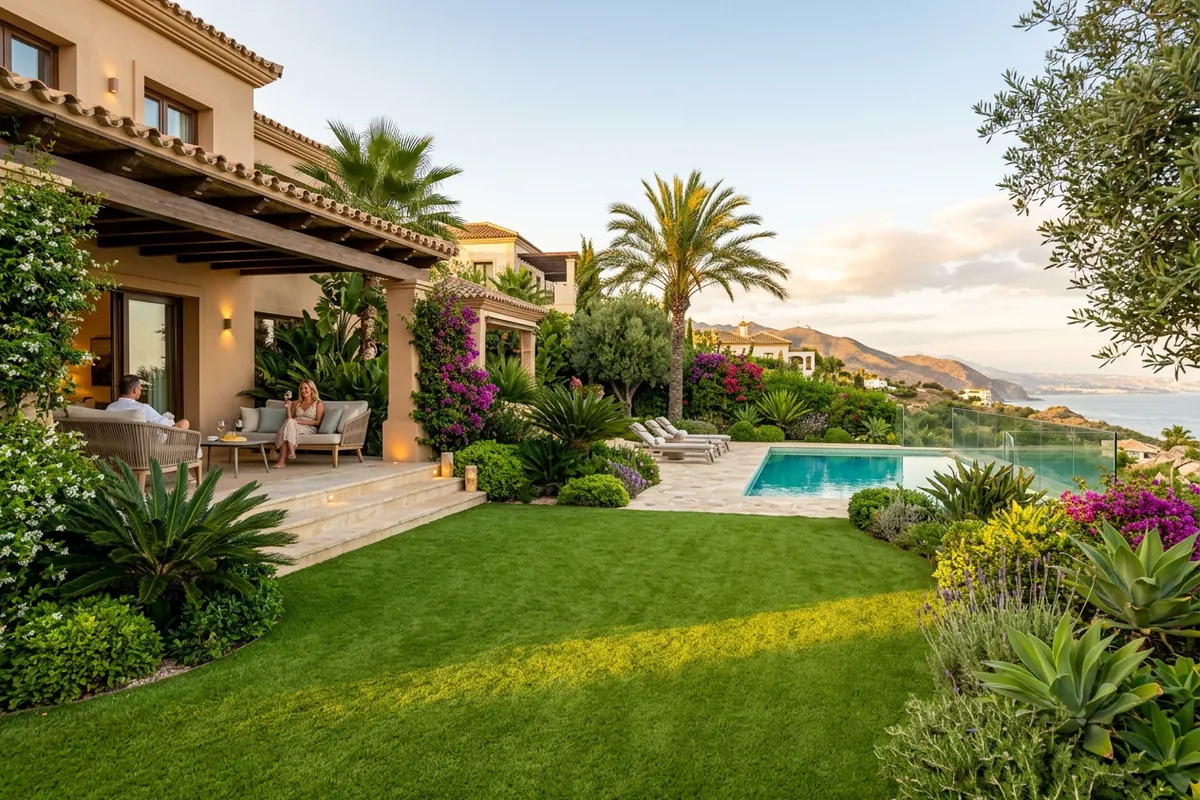 Kunstrasen & Gartengestaltung-Einrichtung auf einer mediterranen Terrasse in Benalmádena, Costa del Sol