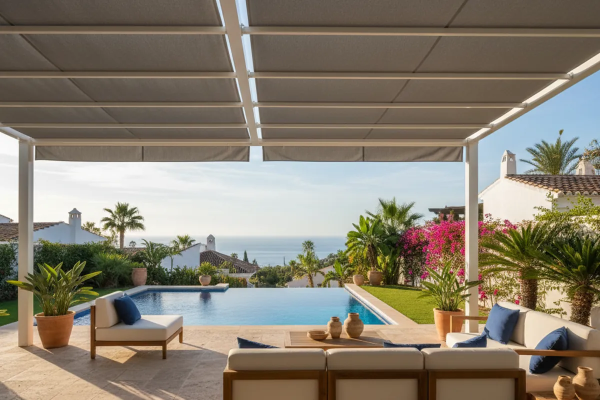 Instalación de toldos en una terraza mediterránea en Benalmádena, Costa del Sol