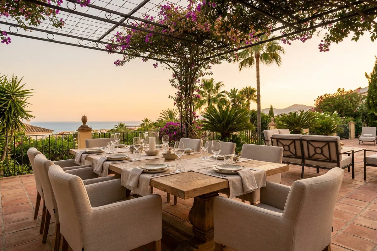 Eetsets opstelling op een mediterraan terras in Benalmádena, Costa del Sol