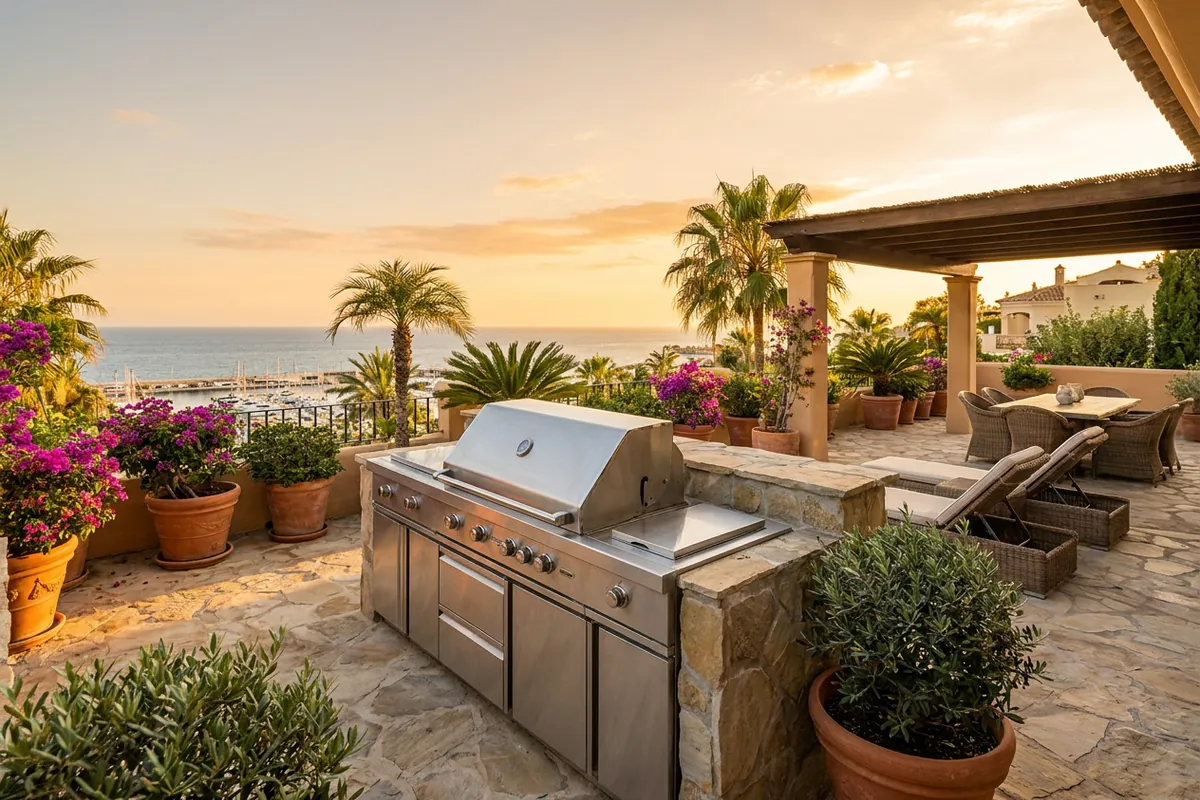 Gasgrills-Einrichtung auf einer mediterranen Terrasse in Benalmádena, Costa del Sol