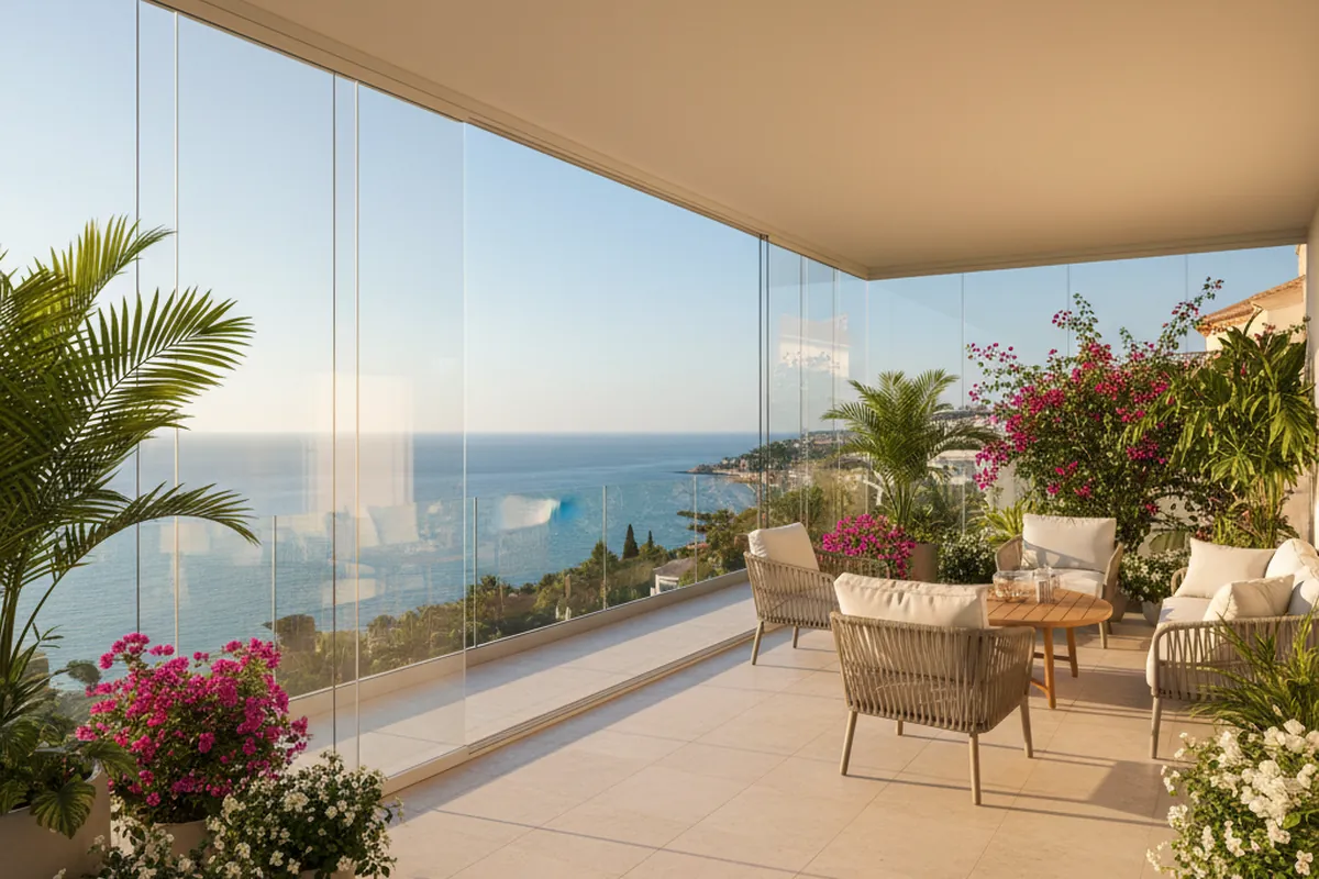Glasvorhänge & Glasräume-Einrichtung auf einer mediterranen Terrasse in Benalmádena, Costa del Sol