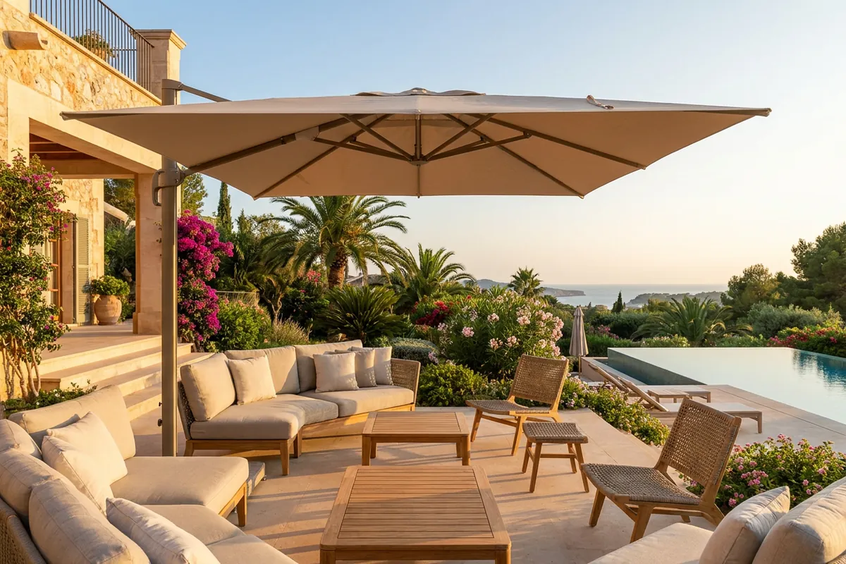Parasols opstelling op een mediterraan terras in Benalmádena, Costa del Sol