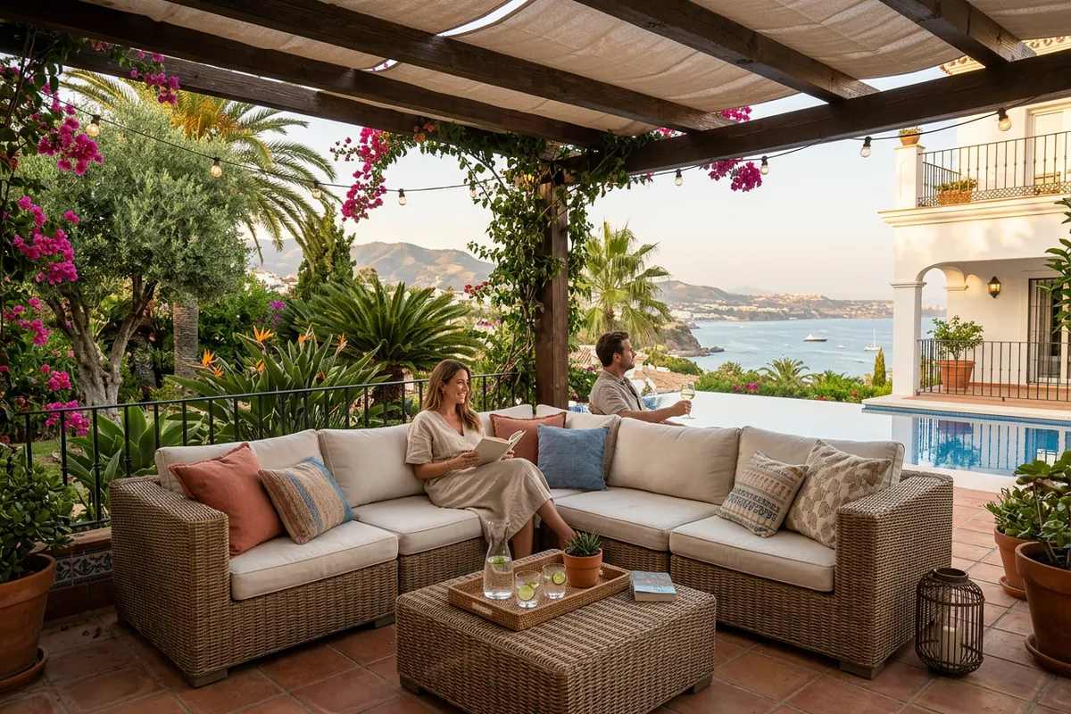 Installation de salons de jardin en rotin sur une terrasse méditerranéenne à Benalmádena, Costa del Sol
