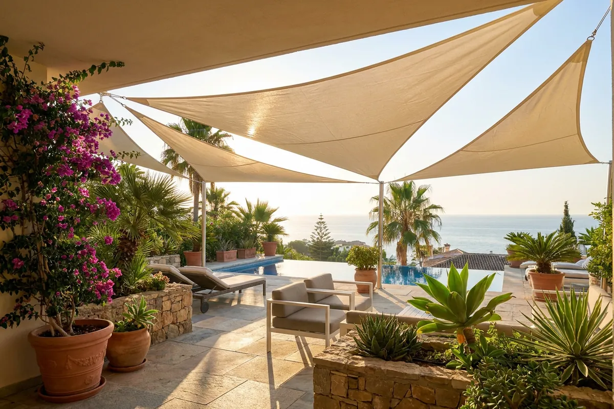 Sonnensegel-Einrichtung auf einer mediterranen Terrasse in Benalmádena, Costa del Sol