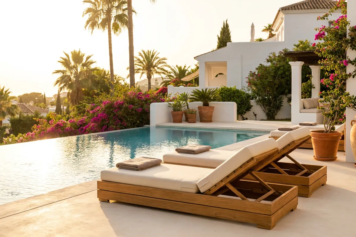 Ligbedden opstelling op een mediterraan terras in Benalmádena, Costa del Sol