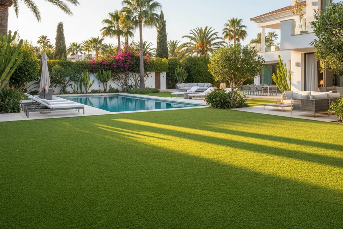 Kunstrasen & Gartengestaltung-Einrichtung auf einer mediterranen Terrasse in Estepona, Costa del Sol