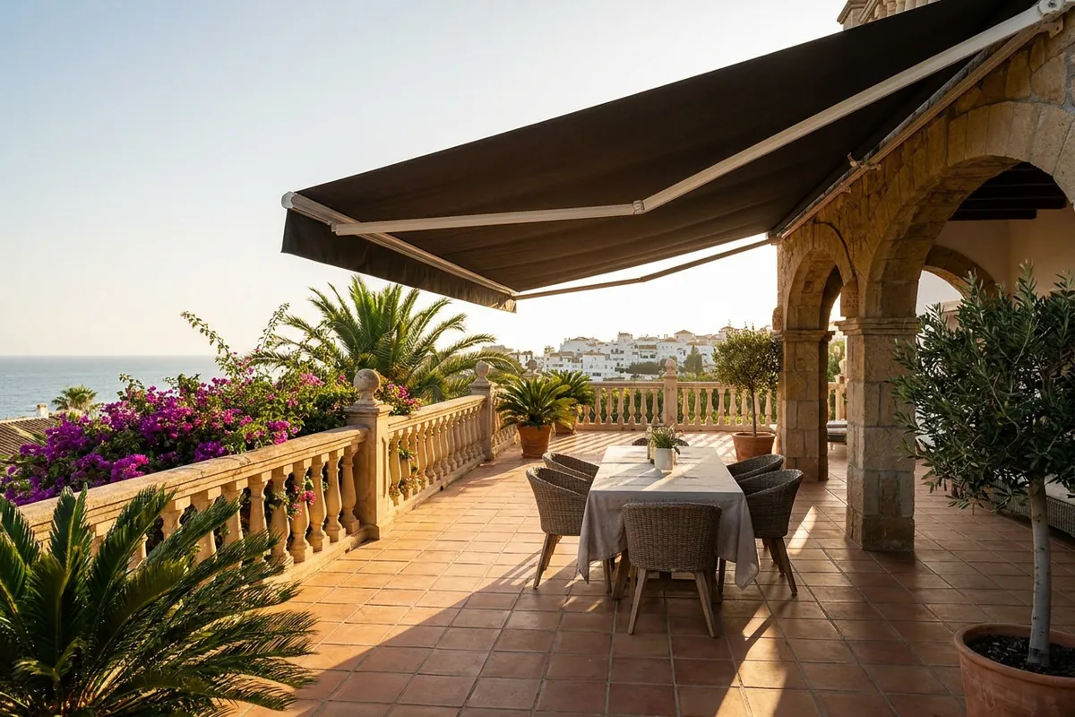 Instalación de toldos en una terraza mediterránea en Estepona, Costa del Sol