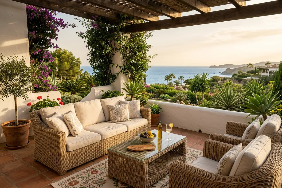 Installation de salons de jardin en rotin sur une terrasse méditerranéenne à Estepona, Costa del Sol