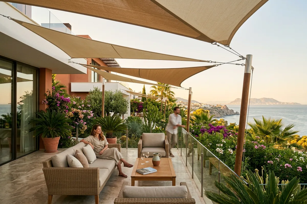 Sonnensegel-Einrichtung auf einer mediterranen Terrasse in Estepona, Costa del Sol
