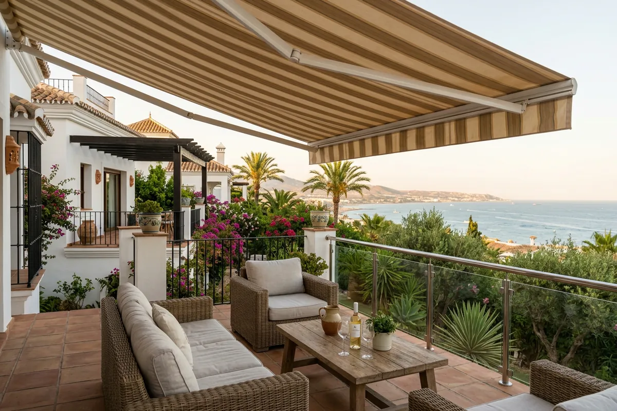 Instalación de toldos en una terraza mediterránea en Fuengirola, Costa del Sol