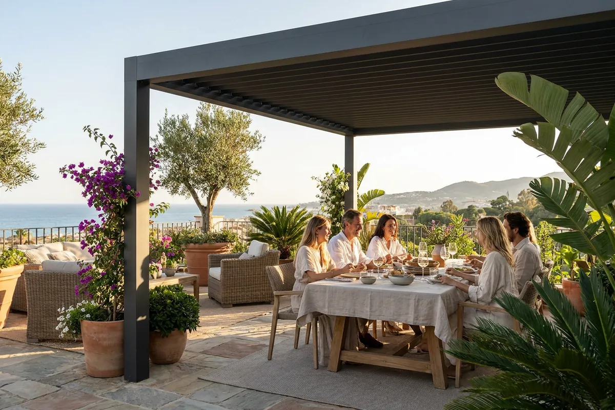 Installation de pergolas fixes sur une terrasse méditerranéenne à Fuengirola, Costa del Sol