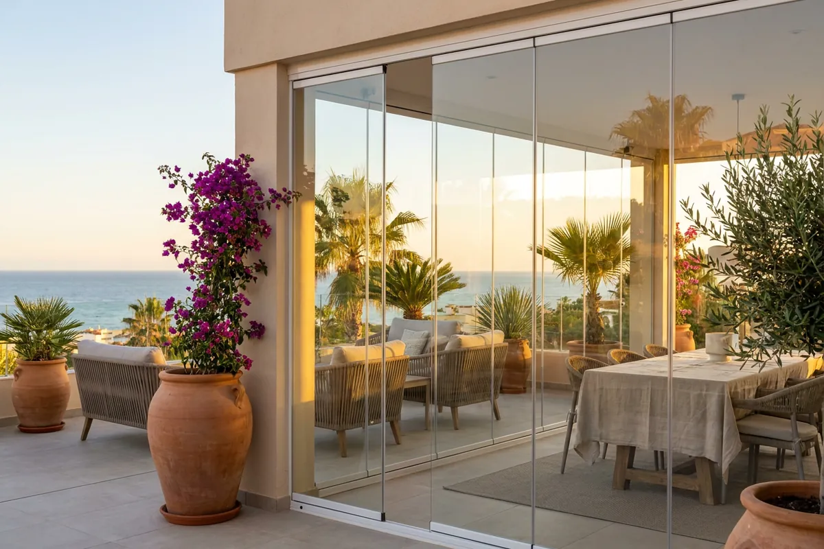Glasvorhänge & Glasräume-Einrichtung auf einer mediterranen Terrasse in Fuengirola, Costa del Sol