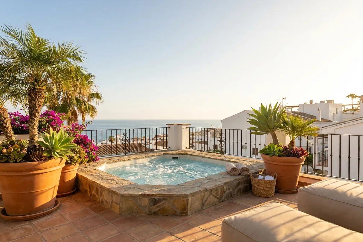 Jacuzzi's opstelling op een mediterraan terras in Fuengirola, Costa del Sol