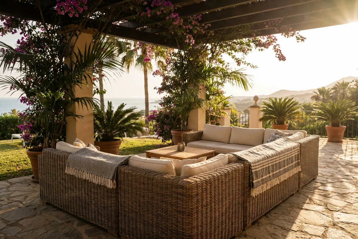 Installation de salons de jardin en rotin sur une terrasse méditerranéenne à Fuengirola, Costa del Sol