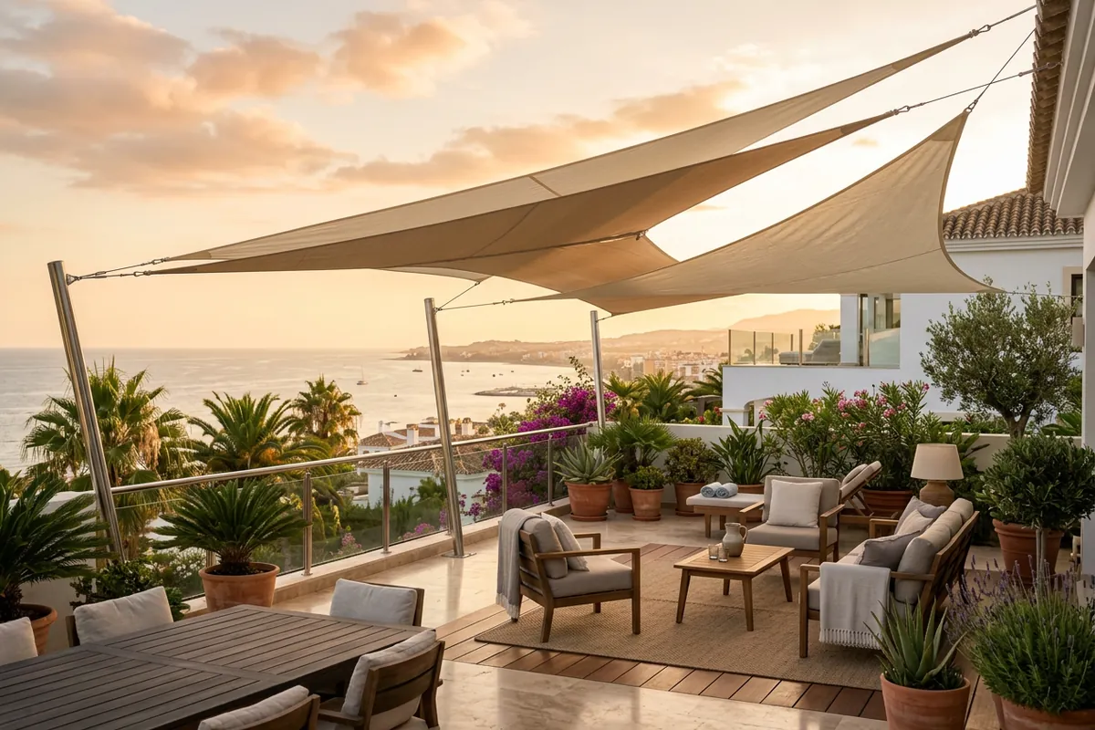 Sonnensegel-Einrichtung auf einer mediterranen Terrasse in Fuengirola, Costa del Sol