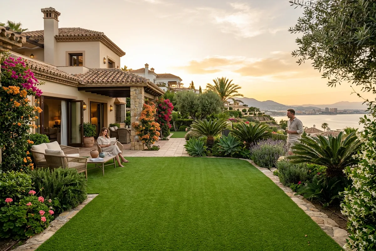 Kunstrasen & Gartengestaltung-Einrichtung auf einer mediterranen Terrasse in Málaga, Costa del Sol
