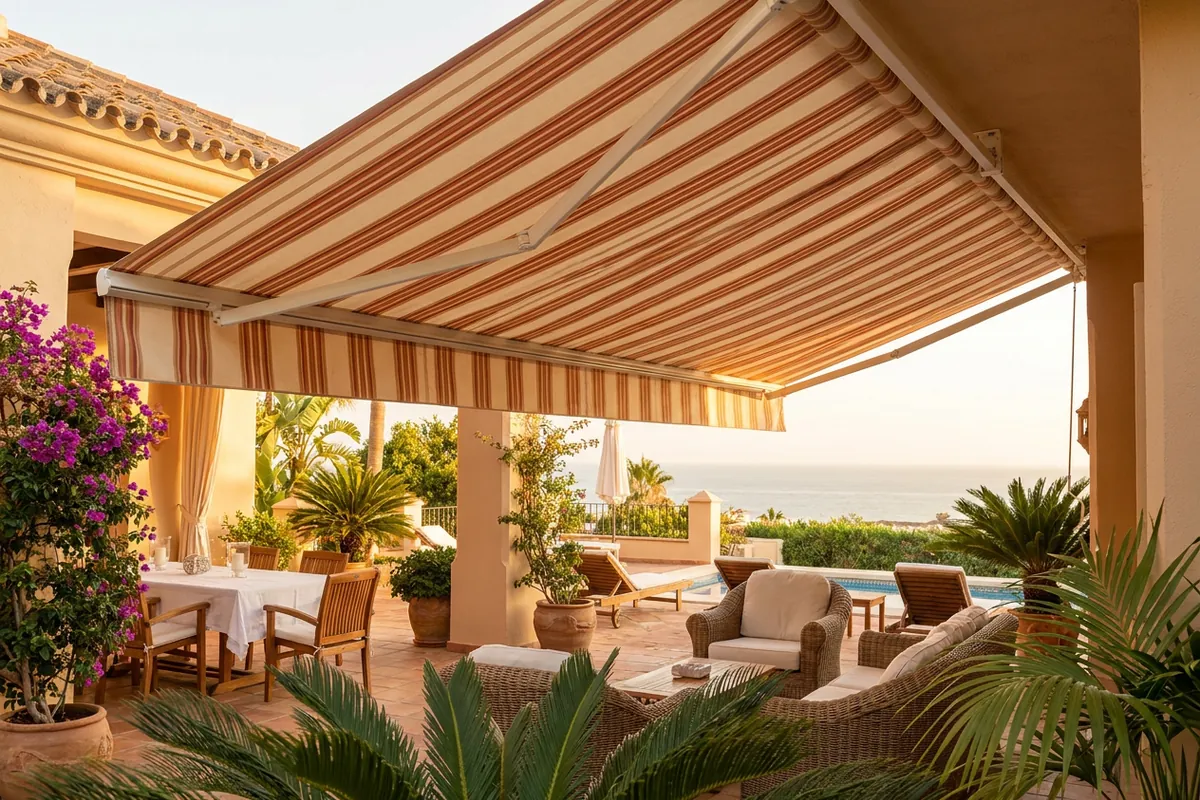 Instalación de toldos en una terraza mediterránea en Málaga, Costa del Sol