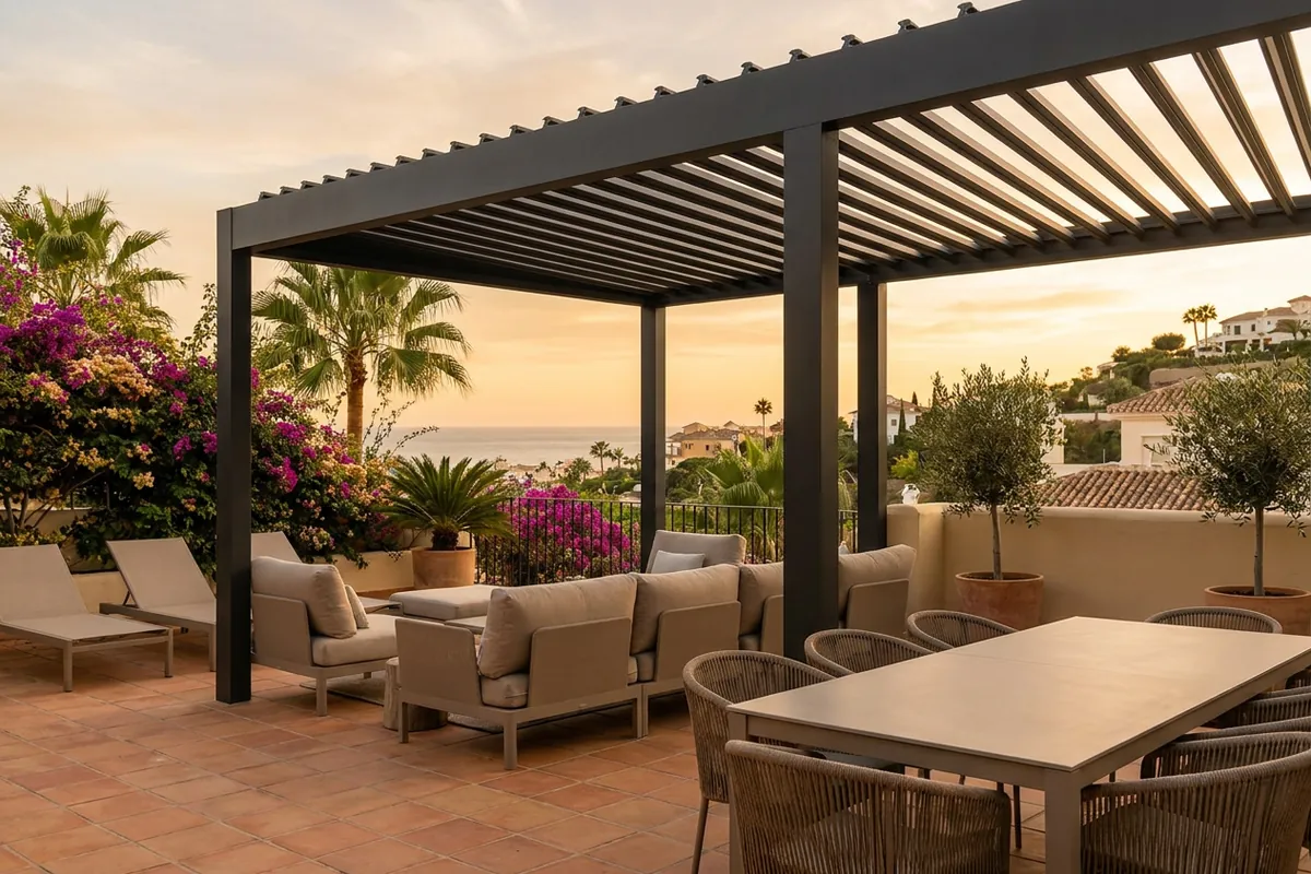 Instalación de pérgolas bioclimáticas en una terraza mediterránea en Málaga, Costa del Sol