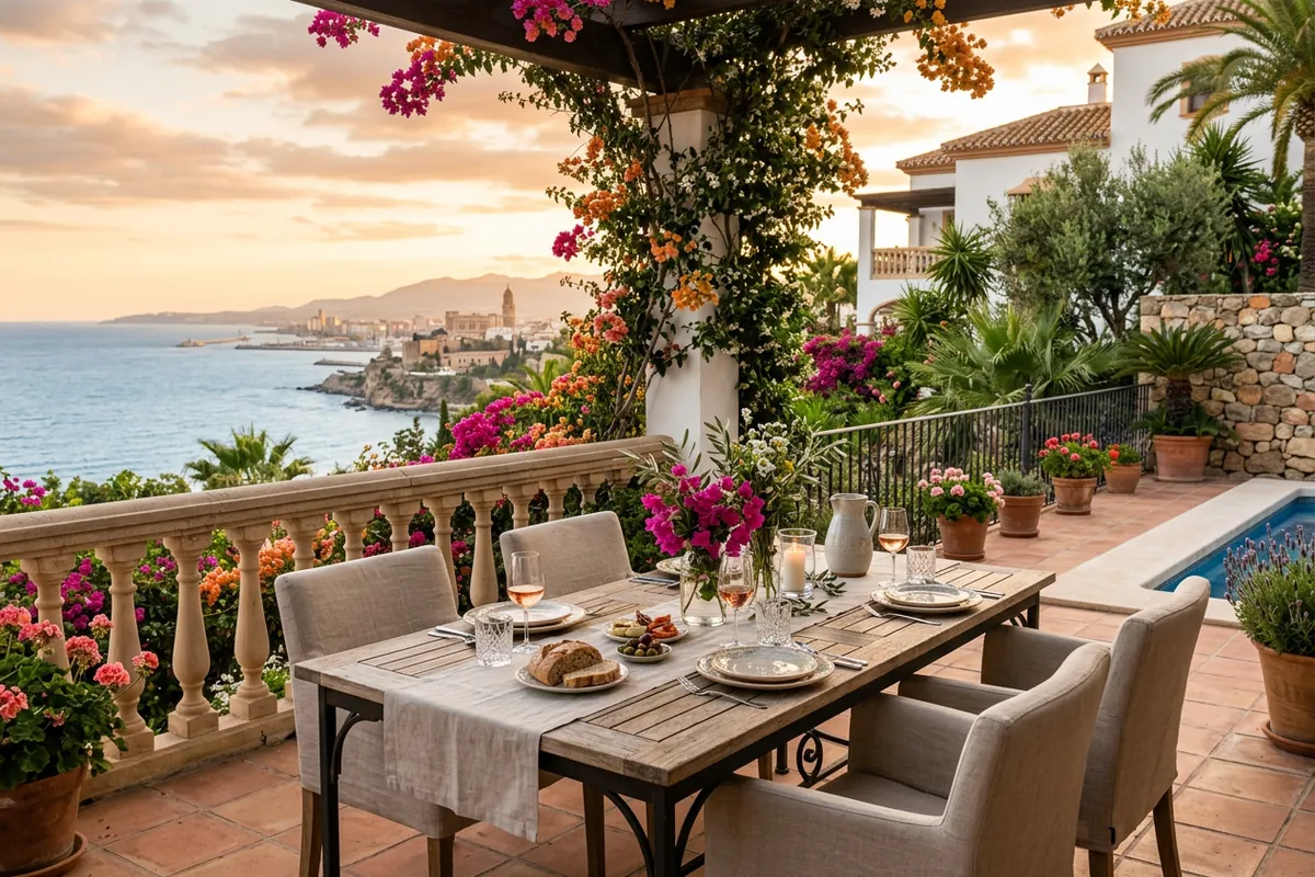 Eetsets opstelling op een mediterraan terras in Málaga, Costa del Sol