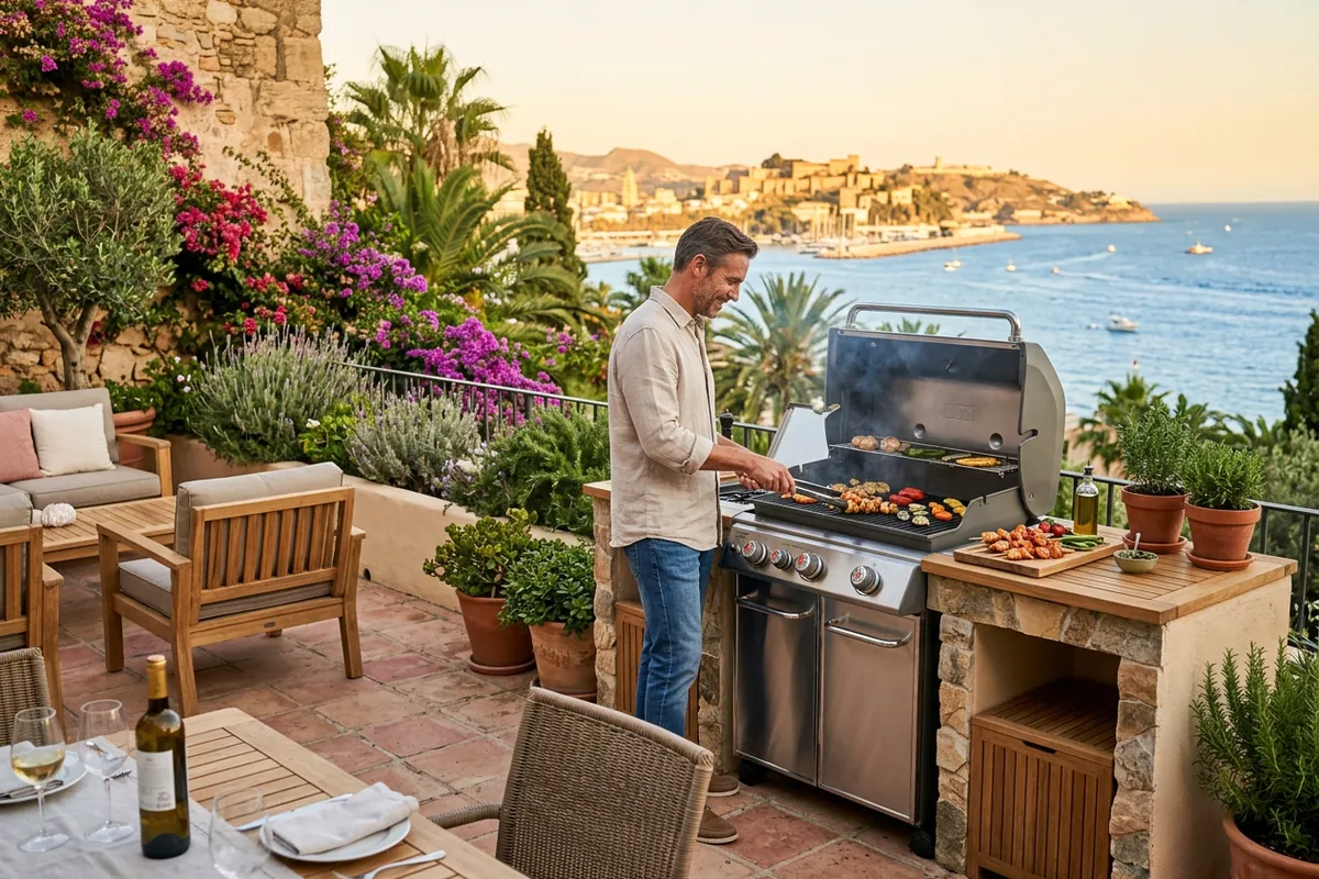 Gasgrills-Einrichtung auf einer mediterranen Terrasse in Málaga, Costa del Sol