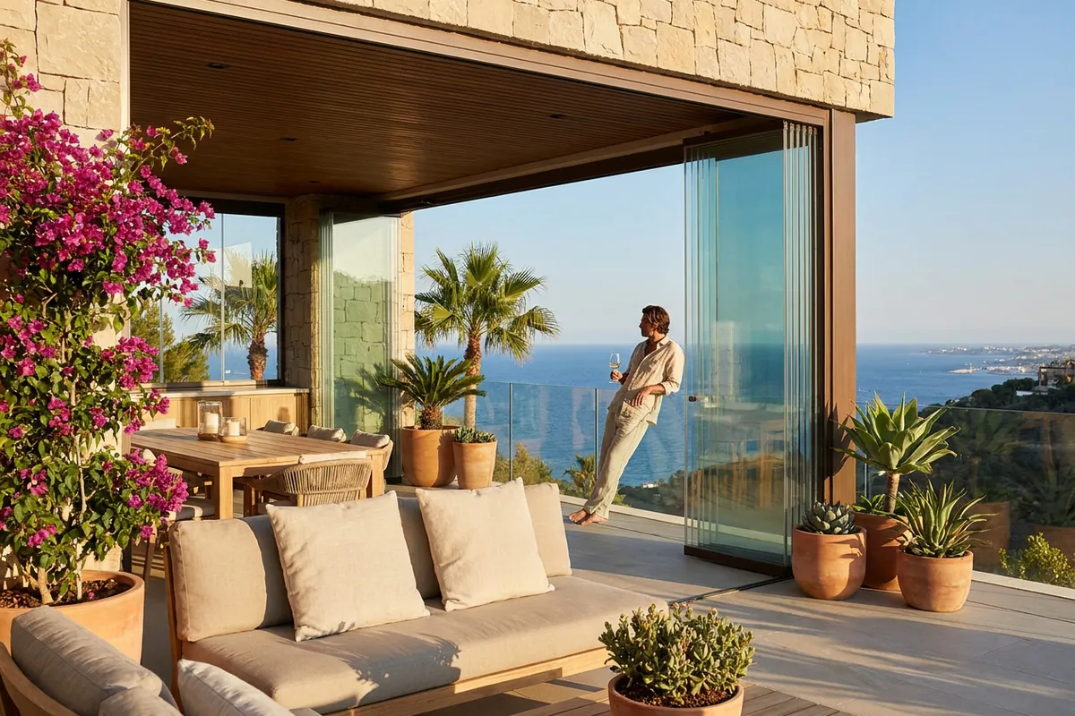 Glasvorhänge & Glasräume-Einrichtung auf einer mediterranen Terrasse in Málaga, Costa del Sol