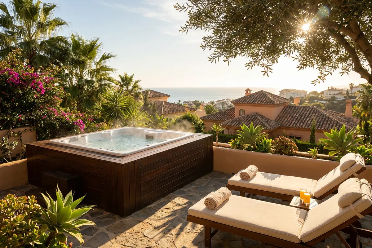 Jacuzzi's opstelling op een mediterraan terras in Málaga, Costa del Sol