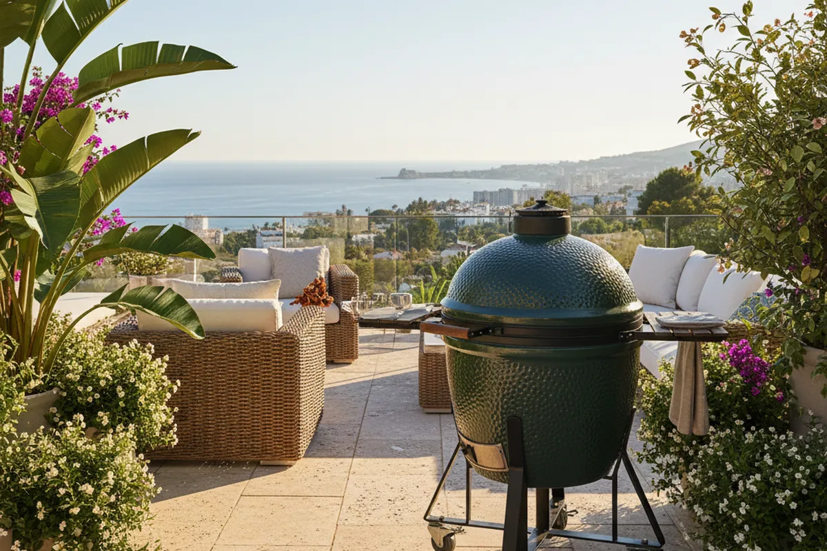Kamado BBQ's opstelling op een mediterraan terras in Málaga, Costa del Sol