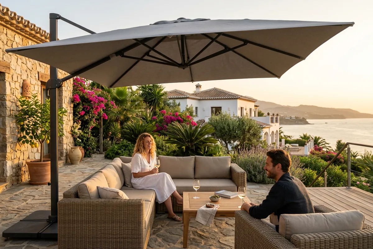 Parasols opstelling op een mediterraan terras in Málaga, Costa del Sol