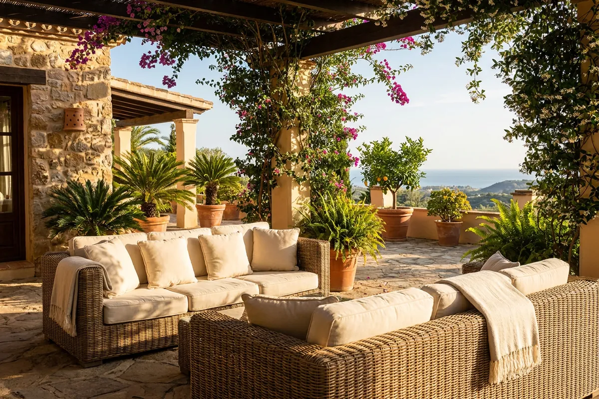 Installation de salons de jardin en rotin sur une terrasse méditerranéenne à Málaga, Costa del Sol