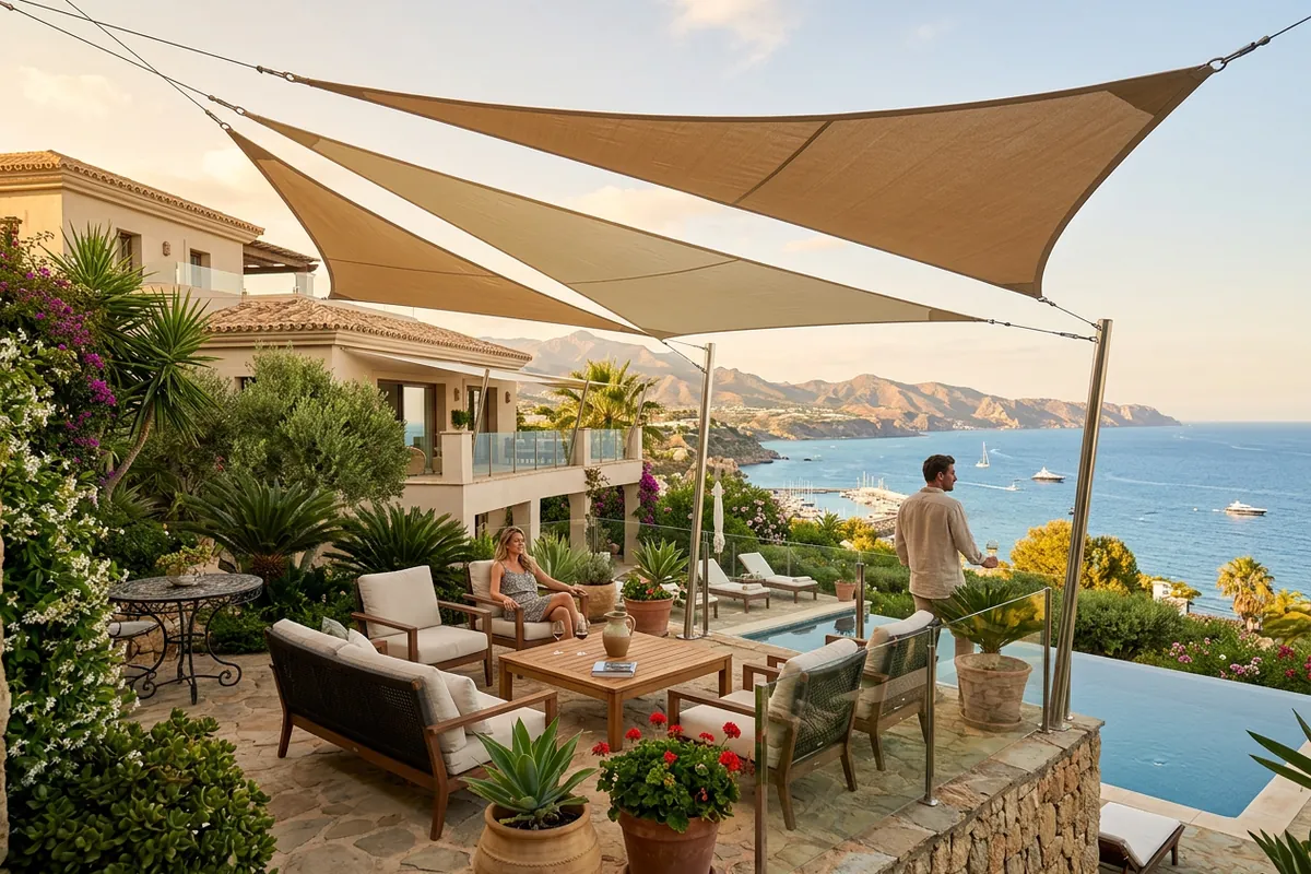 Sonnensegel-Einrichtung auf einer mediterranen Terrasse in Málaga, Costa del Sol