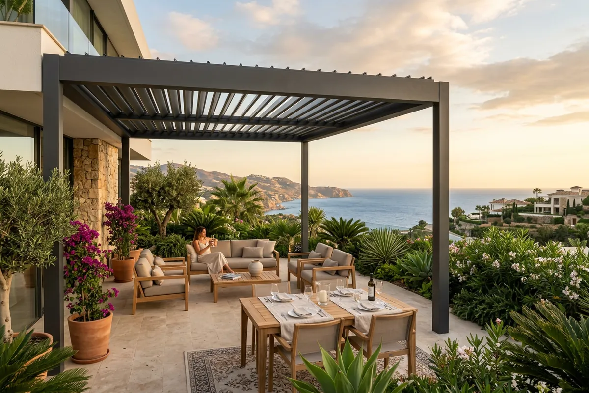 Instalación de pérgolas bioclimáticas en una terraza mediterránea en Manilva, Costa del Sol