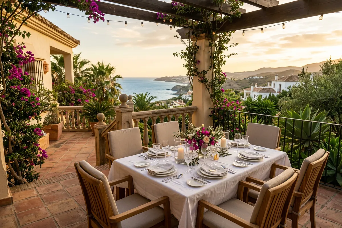 Eetsets opstelling op een mediterraan terras in Manilva, Costa del Sol