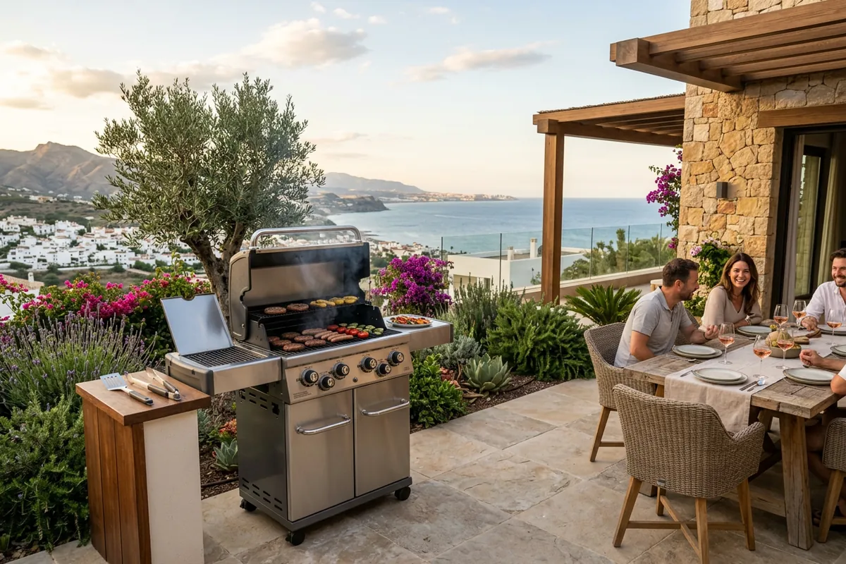 Gasgrills-Einrichtung auf einer mediterranen Terrasse in Manilva, Costa del Sol