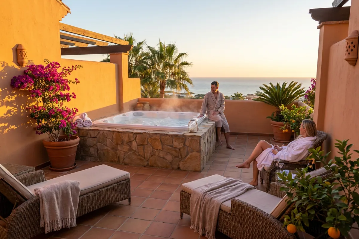Jacuzzi's opstelling op een mediterraan terras in Manilva, Costa del Sol