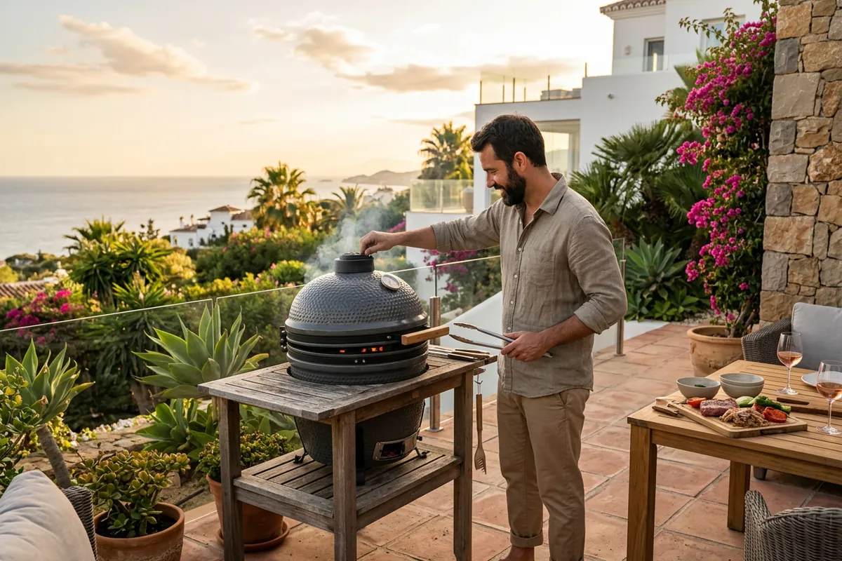 Kamado BBQ's opstelling op een mediterraan terras in Manilva, Costa del Sol