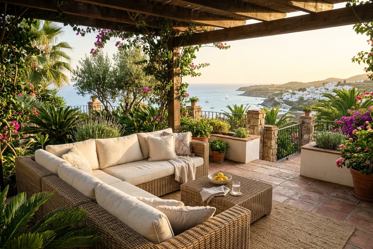 Installation de salons de jardin en rotin sur une terrasse méditerranéenne à Manilva, Costa del Sol