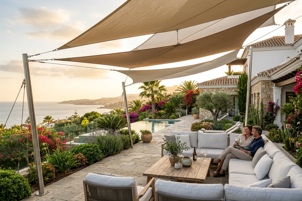 Sonnensegel-Einrichtung auf einer mediterranen Terrasse in Manilva, Costa del Sol