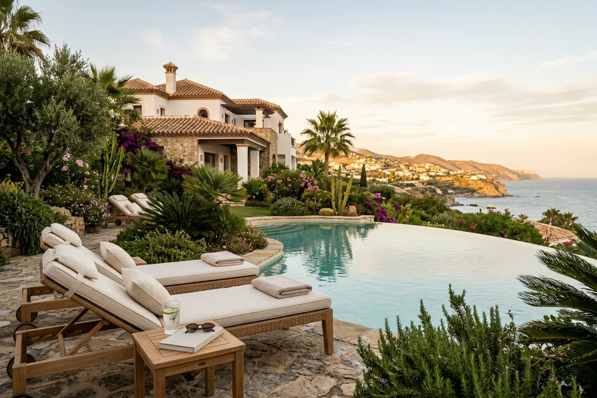 Ligbedden opstelling op een mediterraan terras in Manilva, Costa del Sol