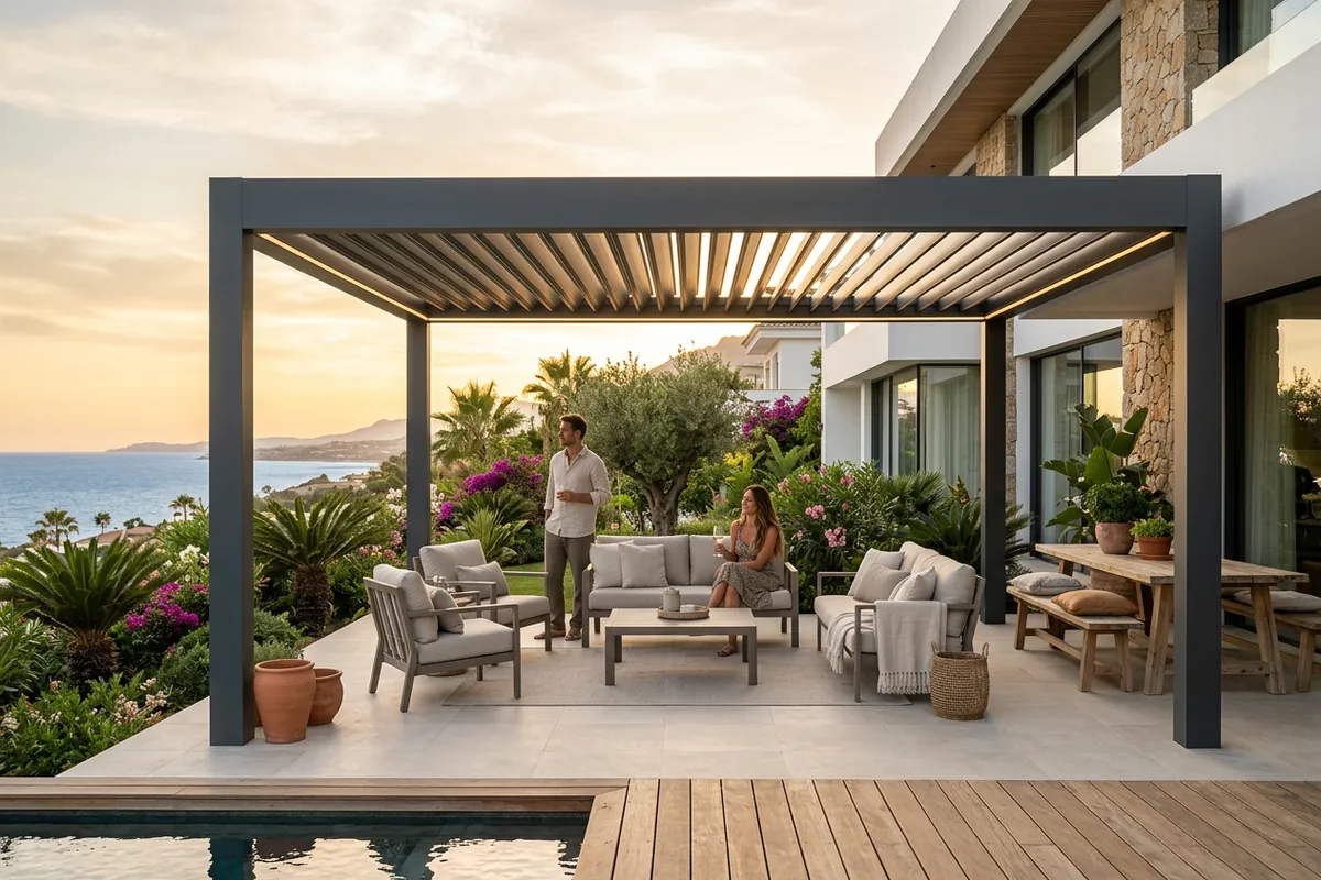 Instalación de pérgolas bioclimáticas en una terraza mediterránea en Marbella, Costa del Sol