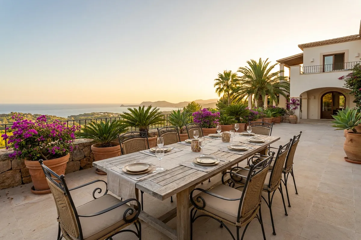 Eetsets opstelling op een mediterraan terras in Marbella, Costa del Sol