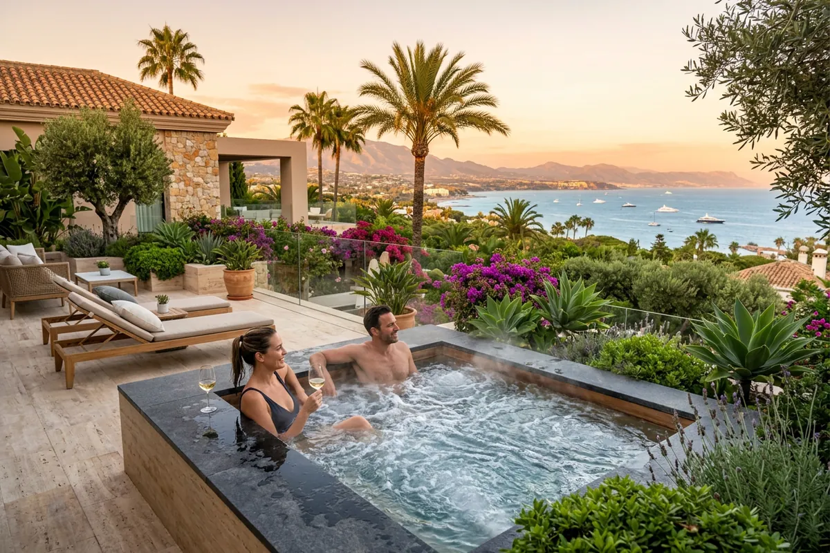 Jacuzzi's opstelling op een mediterraan terras in Marbella, Costa del Sol