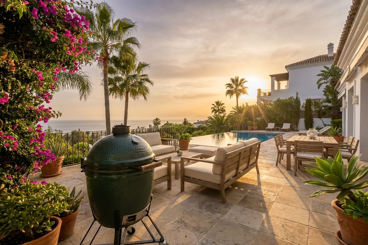 Kamado BBQ's opstelling op een mediterraan terras in Marbella, Costa del Sol