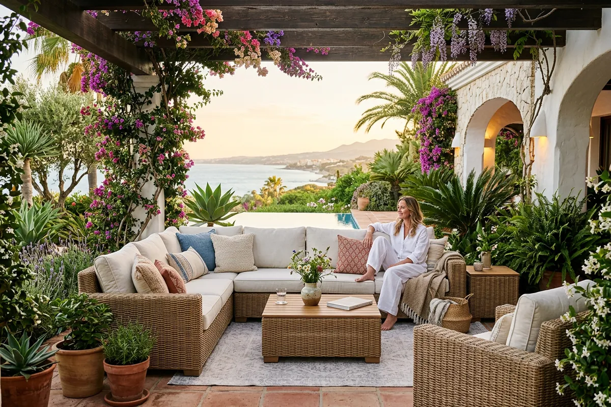 Installation de salons de jardin en rotin sur une terrasse méditerranéenne à Marbella, Costa del Sol