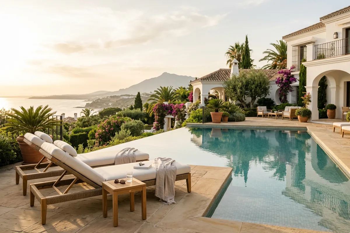 Ligbedden opstelling op een mediterraan terras in Marbella, Costa del Sol