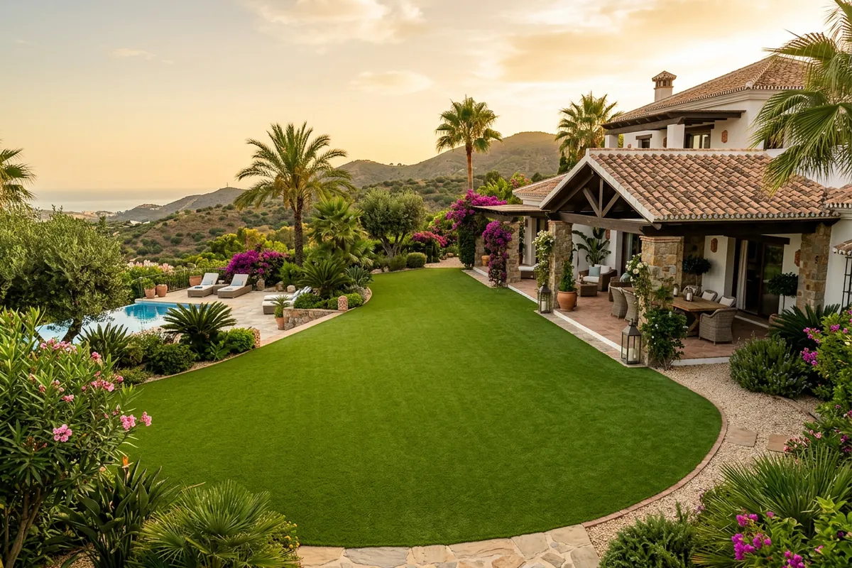 Kunstrasen & Gartengestaltung-Einrichtung auf einer mediterranen Terrasse in Mijas, Costa del Sol