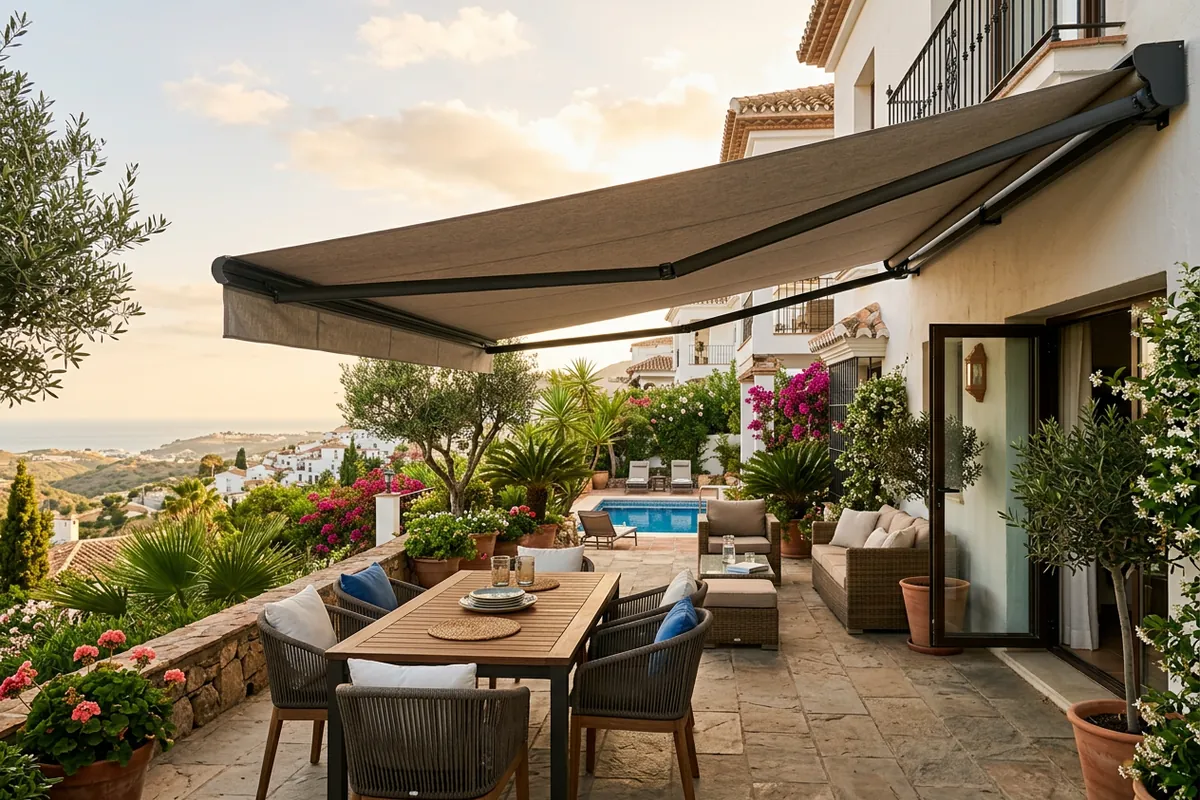 Zonneschermen opstelling op een mediterraan terras in Mijas, Costa del Sol