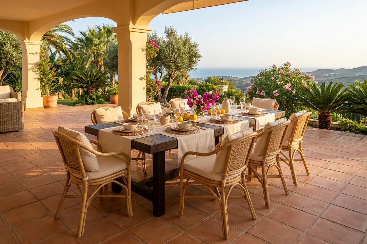 Eetsets opstelling op een mediterraan terras in Mijas, Costa del Sol