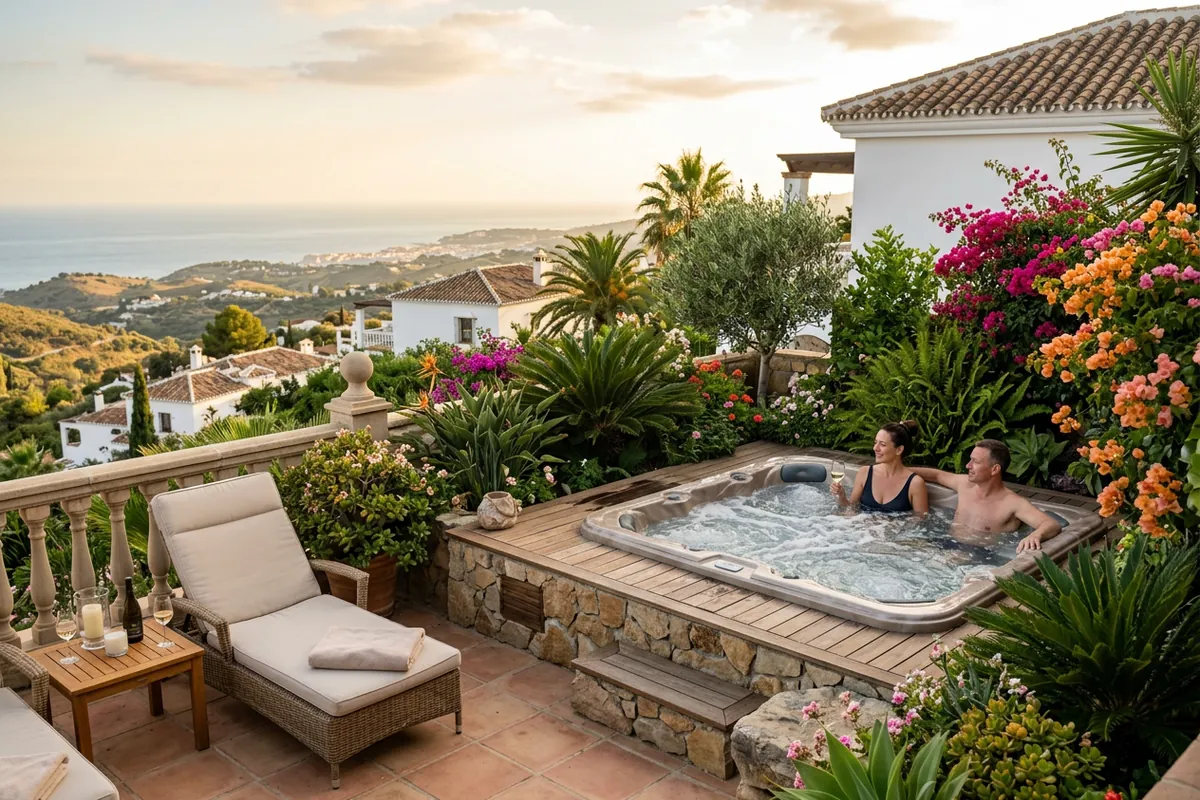 Jacuzzi's opstelling op een mediterraan terras in Mijas, Costa del Sol