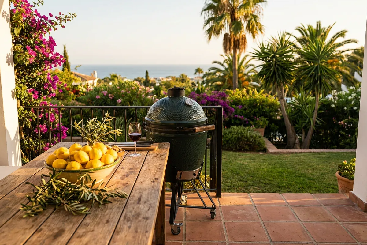 Kamado BBQ's opstelling op een mediterraan terras in Mijas, Costa del Sol